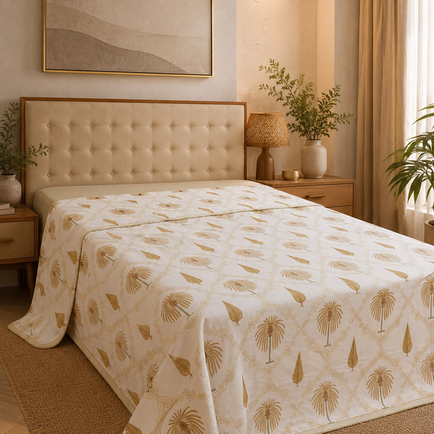 Golden Palm Muslin Dohar – Standard King Size – Elegant Botanical Comfort