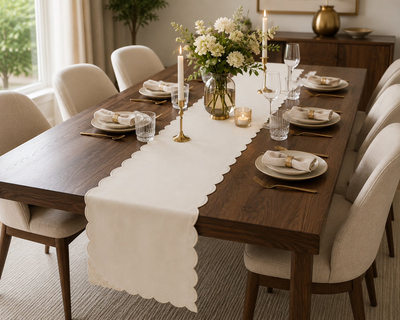 Ivory Scallop Table Runner – 33x260 cm – Contemporary Minimalist Elegance