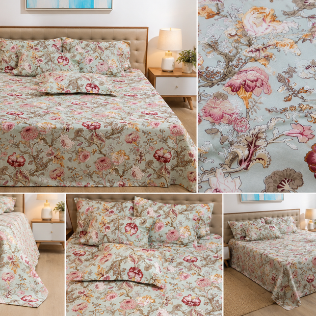Vintage Blush Botanical Garden – Super King XL Size Bedsheet (270 × 290 cm) | 100% Jaipuri Cotton | Includes 4 Pillow Covers