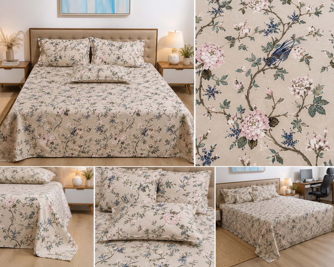Blush Bird Blossom Garden – Super King XL Size Bedsheet (270 × 290 cm) | 100% Cotton | Includes 4 Pillow Covers