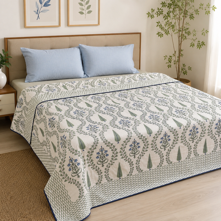 Sage Blue Botanical Vine Dohar – King Size Dohar (228 × 259 cm) | Malmal Muslin Cotton | Lightweight &amp; Breathable