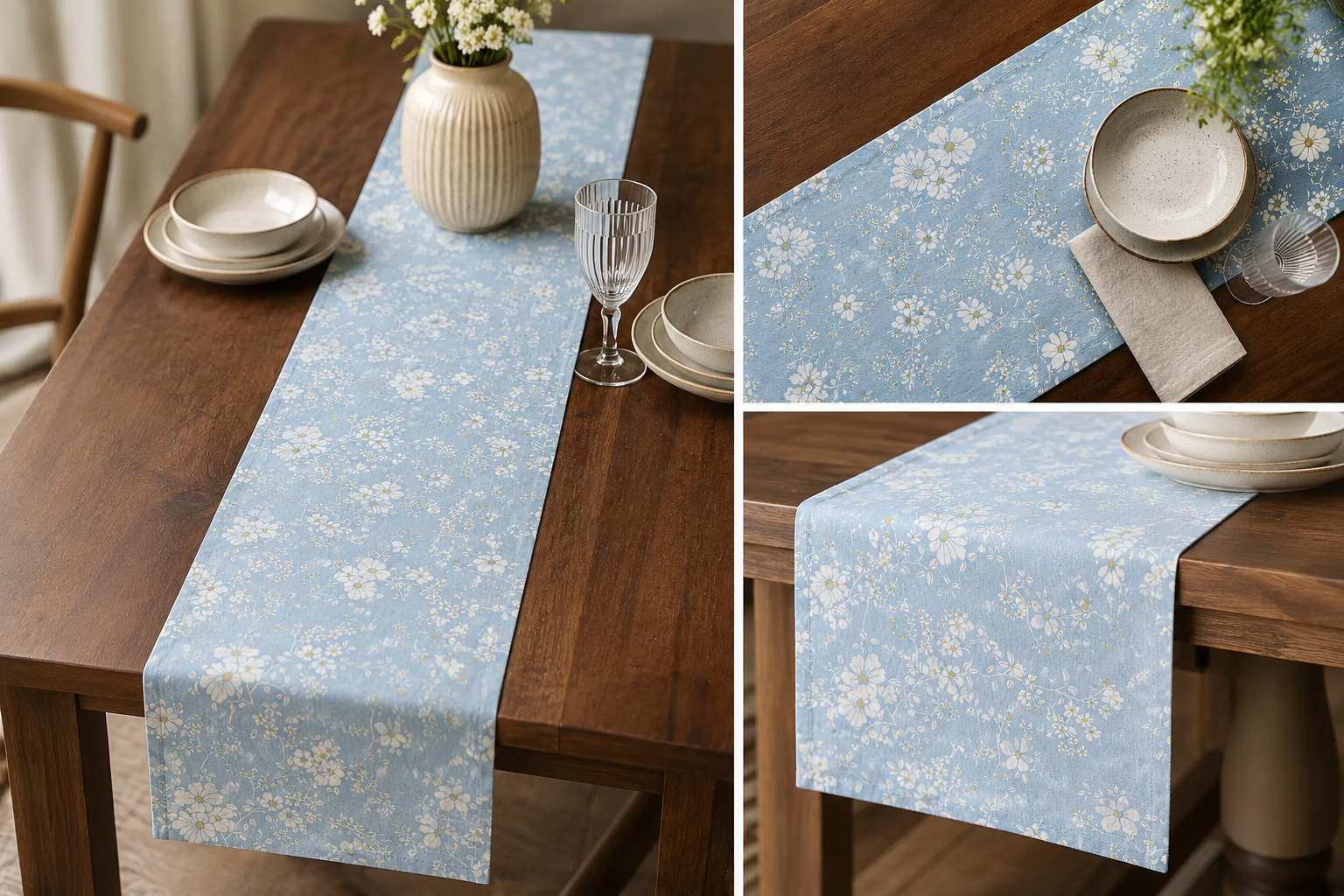 Sky Blue Wildflower Jaipuri Cotton Table Runner – Small Size - 33x120 cm – Delicate Floral Elegance