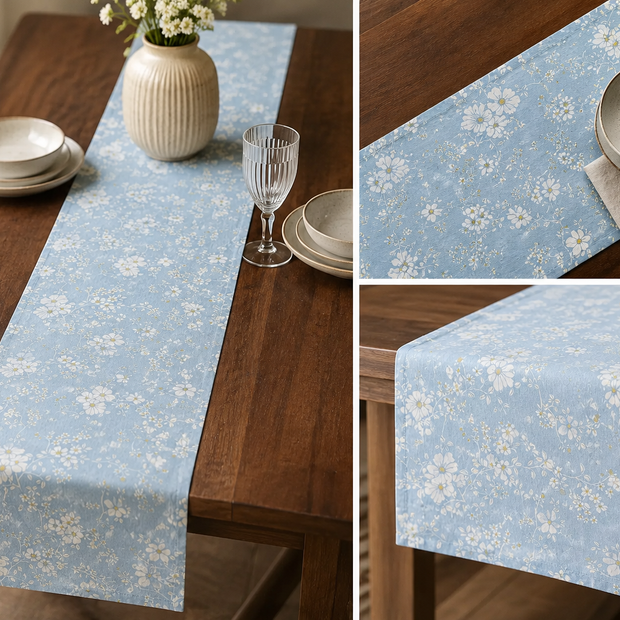 Sky Blue Wildflower Jaipuri Cotton Table Runner – Small Size - 33x120 cm – Delicate Floral Elegance