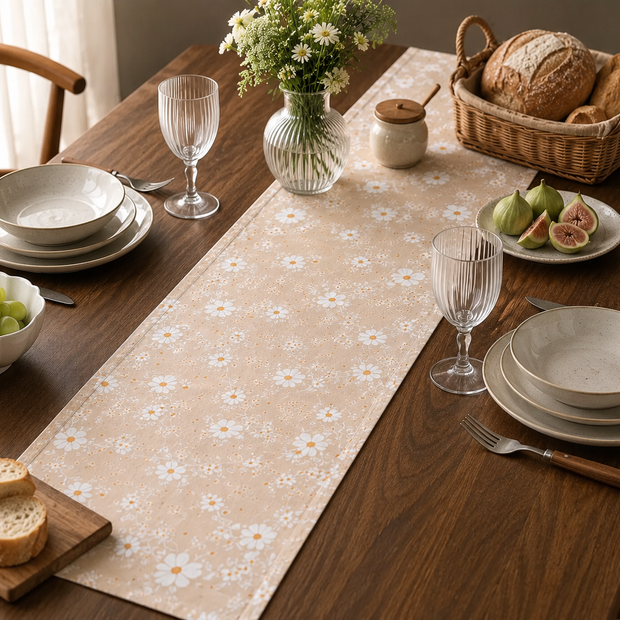 Beige Wildflower Jaipuri Cotton Table Runner –Small Size - 33x120 cm – Soft Floral Elegance