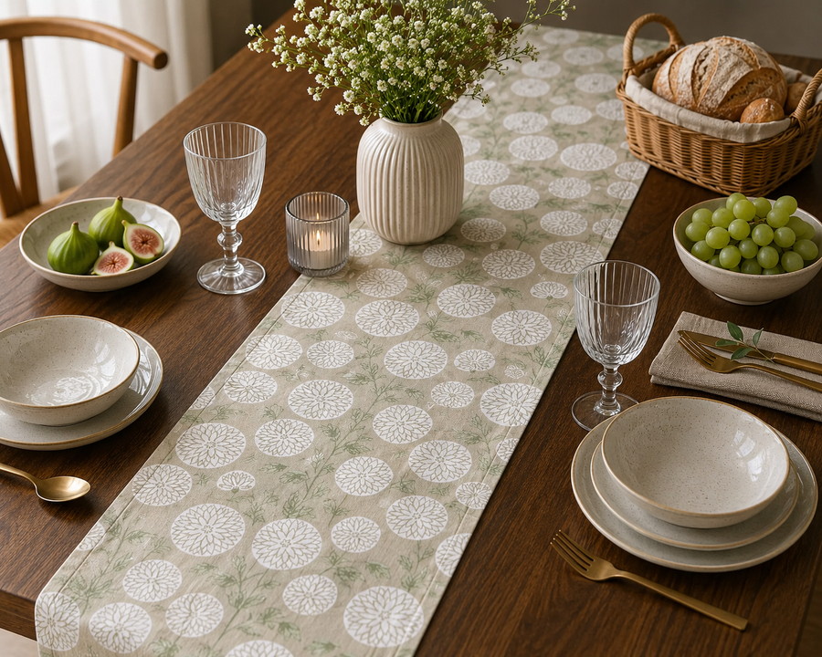 Sage Bloom Jaipuri Cotton Table Runner