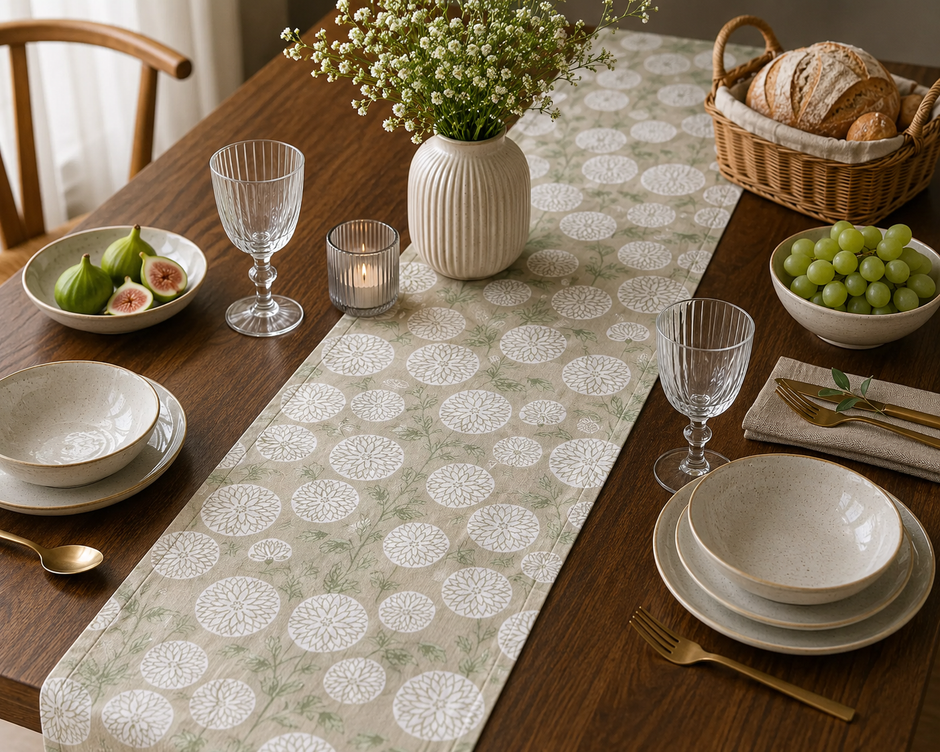 Sage Bloom Jaipuri Cotton Table Runner – Small Size - 33x120 cm – Botanical Floral Elegance