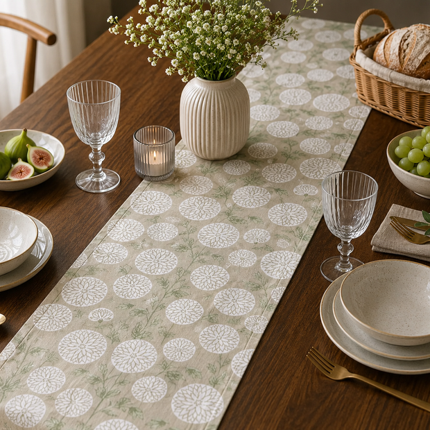 Sage Bloom Jaipuri Cotton Table Runner – Small Size - 33x120 cm – Botanical Floral Elegance
