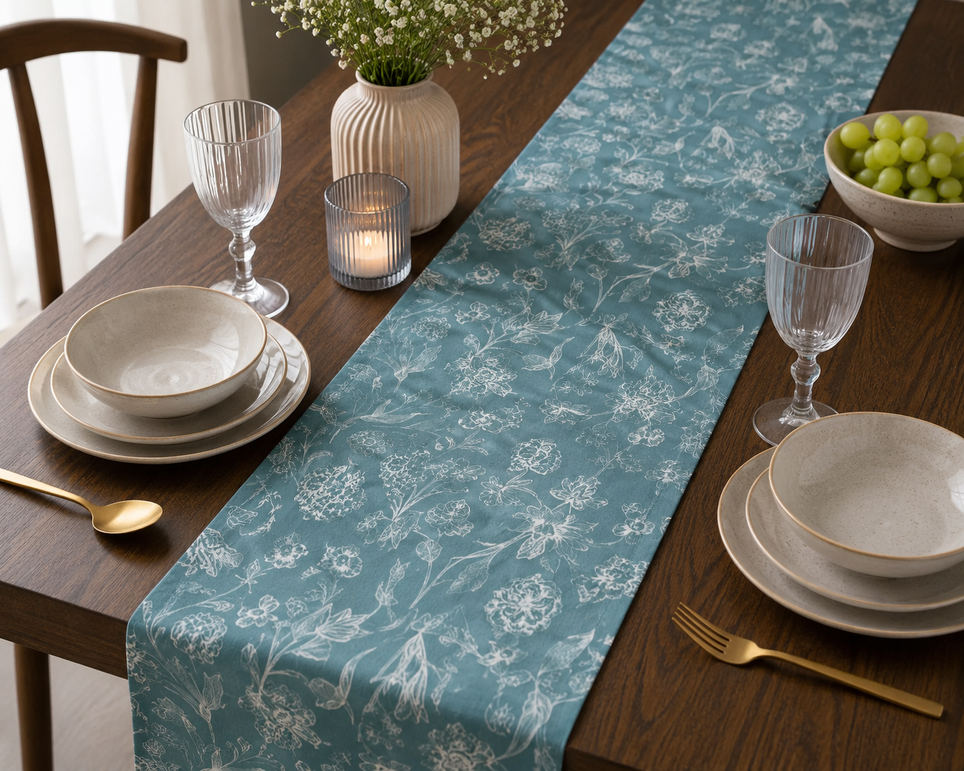 Blue Meadow Jaipuri Cotton Table Runner –Small Size - 33x120 cm – Botanical Elegance