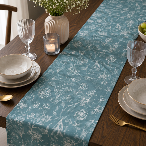 Blue Meadow Jaipuri Cotton Table Runner –Small Size - 33x120 cm – Botanical Elegance