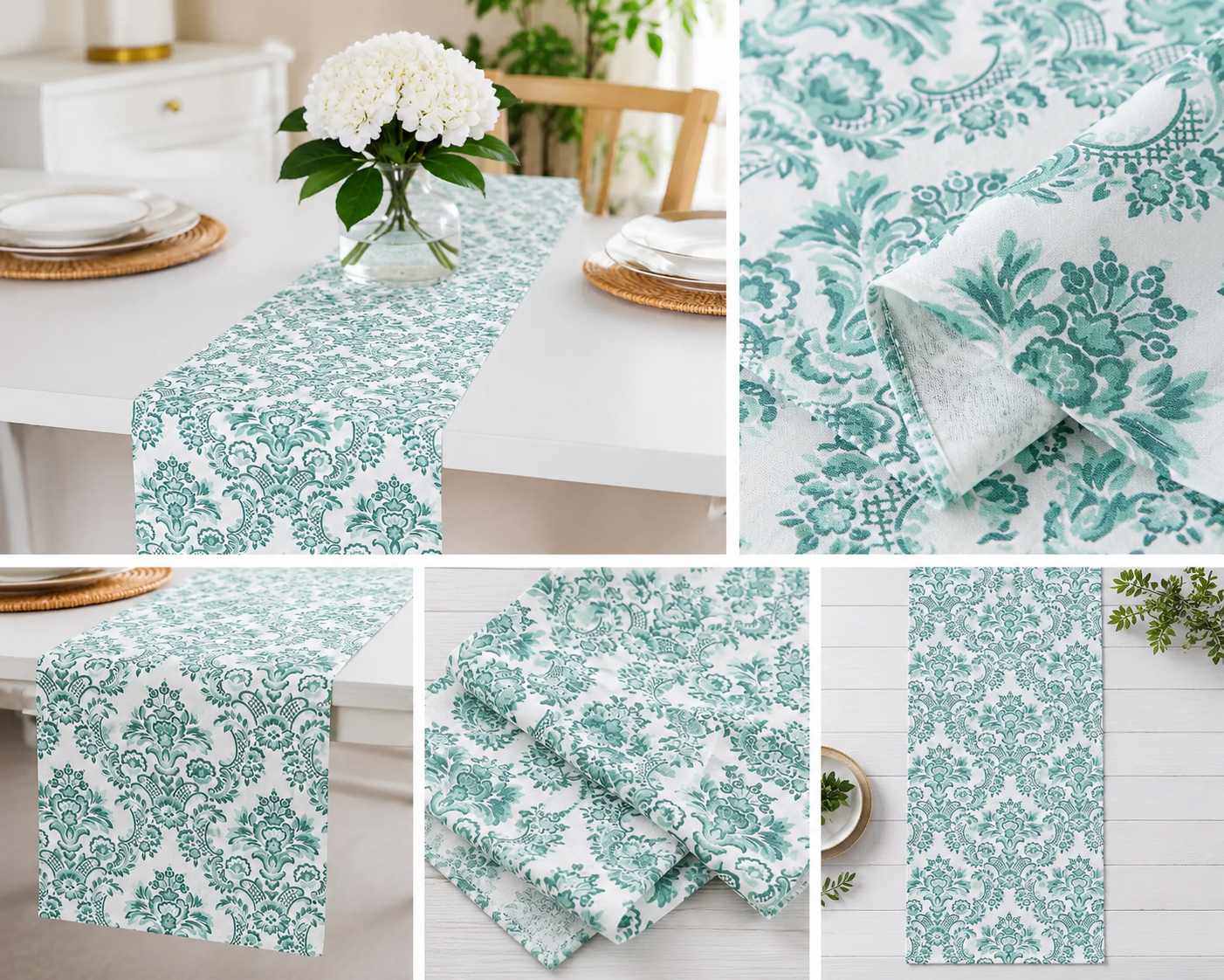 Sage Damask Jaipuri Cotton Table Runner –Small Size - 33x120 cm – Vintage Botanical Handcrafted Elegance