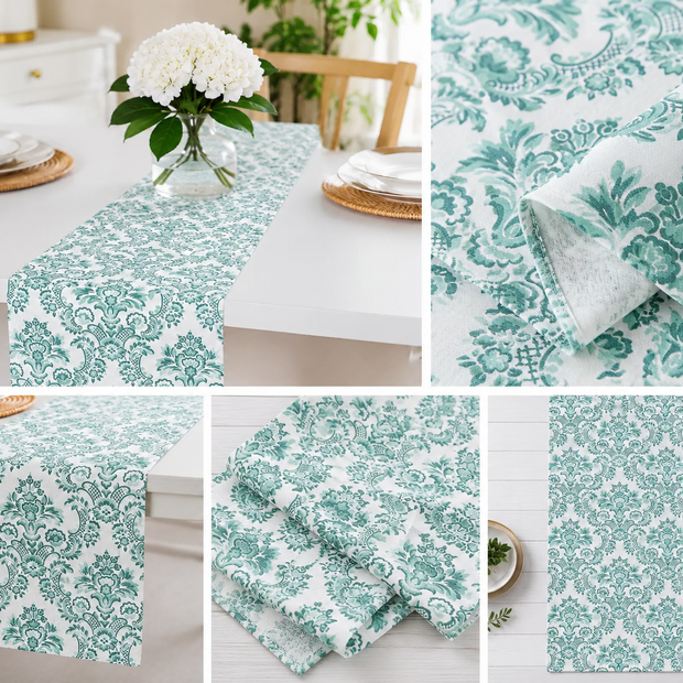 Sage Damask Jaipuri Cotton Table Runner –Small Size - 33x120 cm – Vintage Botanical Handcrafted Elegance