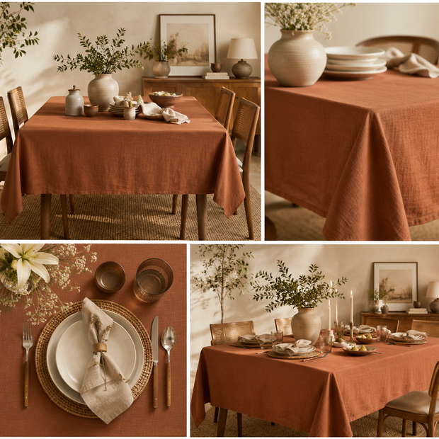 Rust Linen Cotton Tablecloth – 150 x 250 cm – Timeless Everyday Elegance