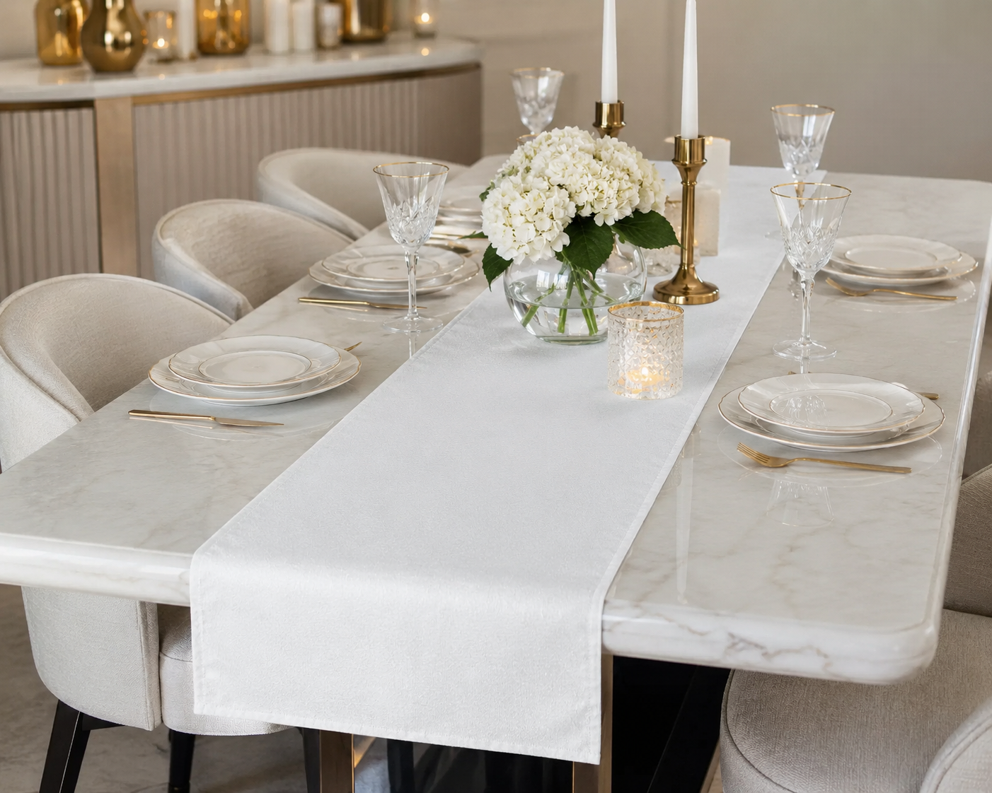 Shimmer White Jaipuri Table Runner – Small Size - 33x120 cm – Subtle Handcrafted Luxury