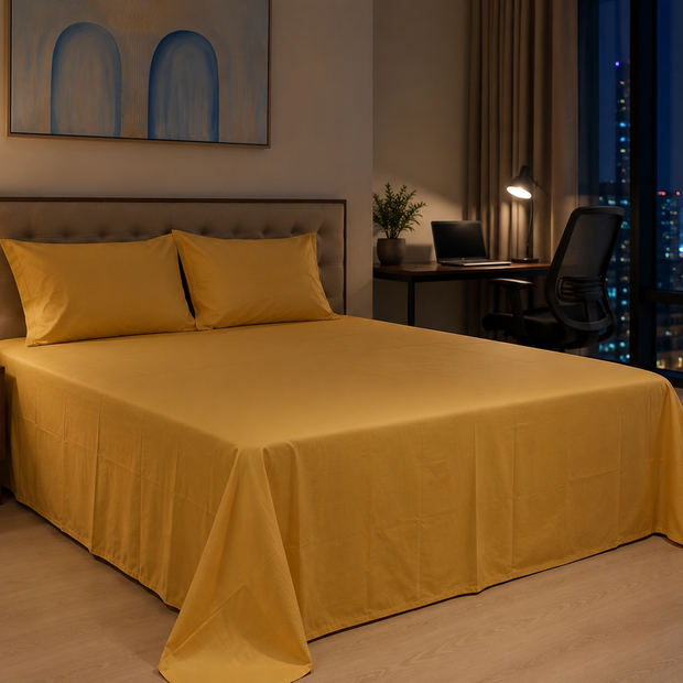 Mustard Solid – Super King Size Bedsheet (274 x 274 cm) | 100% Tencel Cotton | Includes 2 Pillow Covers