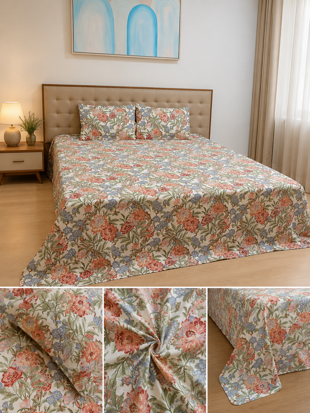 Blueberry Bloom Haven – Super King Size Bedsheet (274 x 274 cm) | 100% Jaipuri Cotton | Includes 2 Pillow Covers