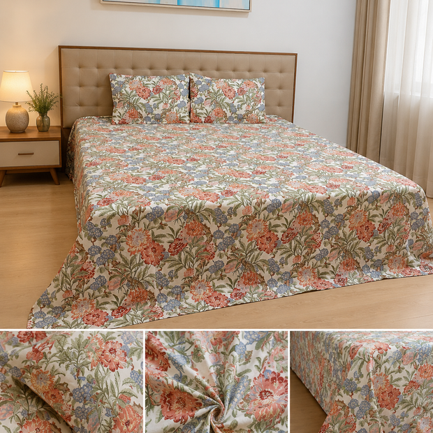 Blueberry Bloom Haven – Super King Size Bedsheet (274 x 274 cm) | 100% Jaipuri Cotton | Includes 2 Pillow Covers