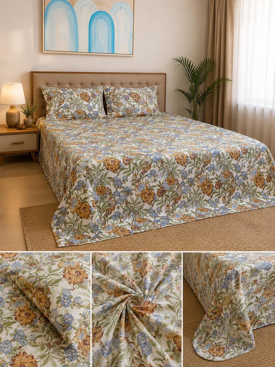 Goldenberry Bloom Haven – Super King Size Bedsheet (274 x 274 cm) | 100% Jaipuri Cotton | Includes 2 Pillow Covers
