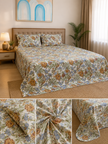 Goldenberry Bloom Haven – Super King Size Bedsheet (274 x 274 cm) | 100% Jaipuri Cotton | Includes 2 Pillow Covers