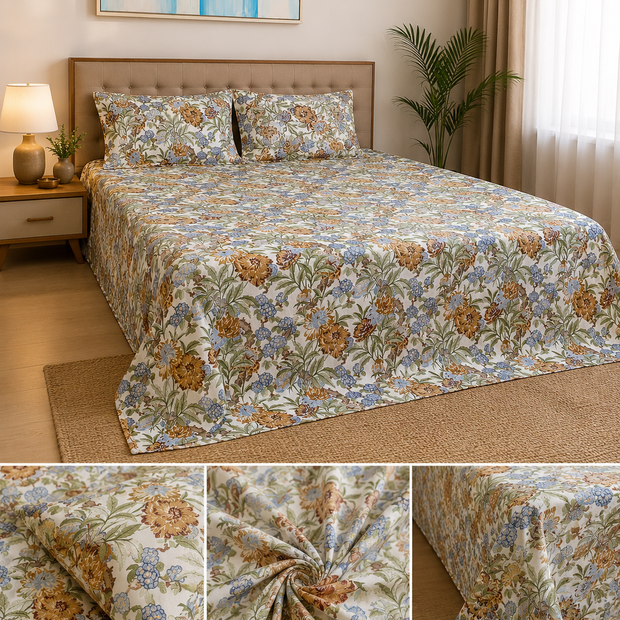 Goldenberry Bloom Haven – Super King Size Bedsheet (274 x 274 cm) | 100% Jaipuri Cotton | Includes 2 Pillow Covers