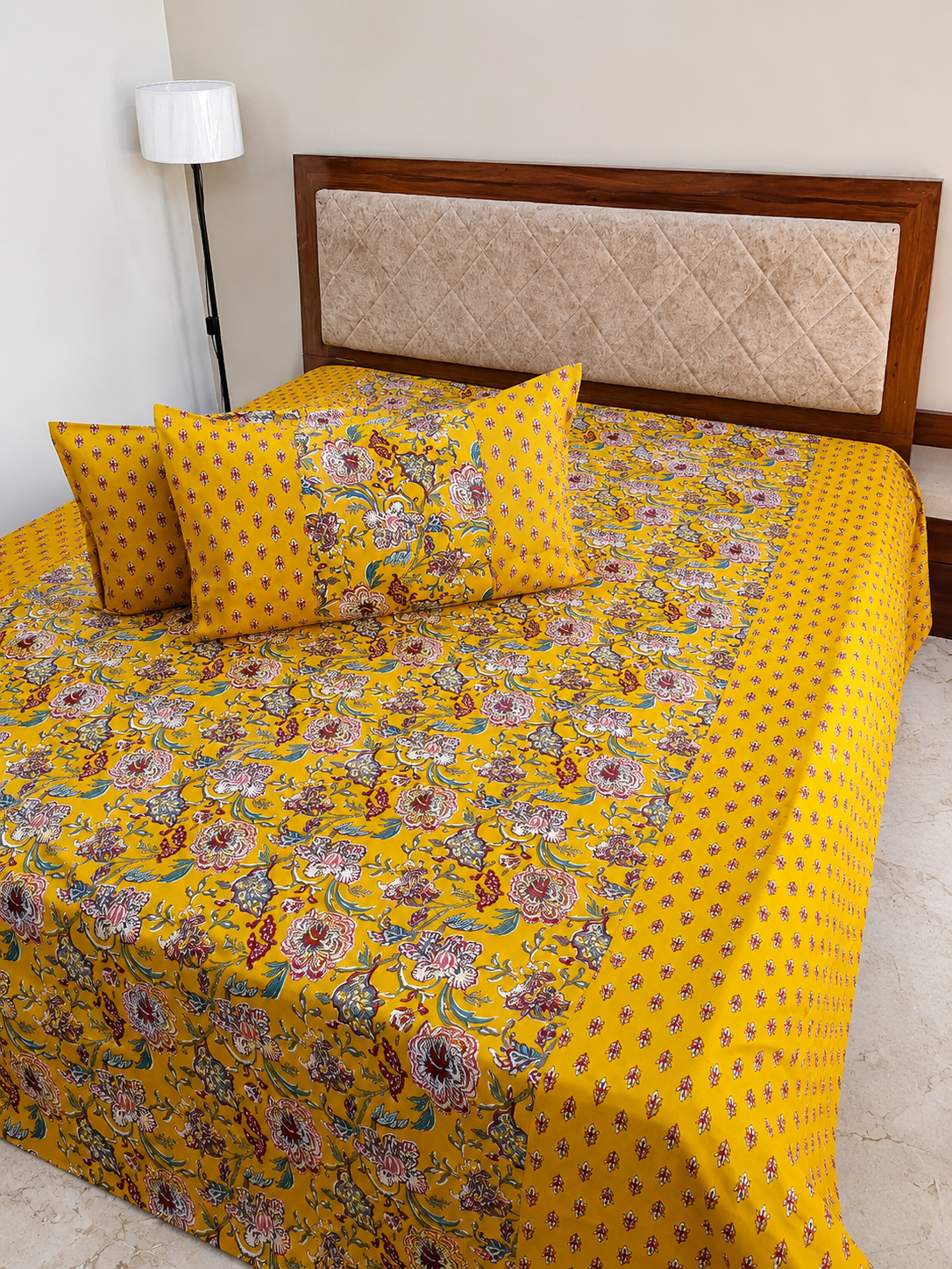 Golden Marigold Ajrakh – Super King Size Bedsheet (274 x 274 cm) | 100% Cotton | Includes 2 Pillow Covers