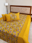 Golden Marigold Ajrakh – Super King Size Bedsheet (274 x 274 cm) | 100% Cotton | Includes 2 Pillow Covers