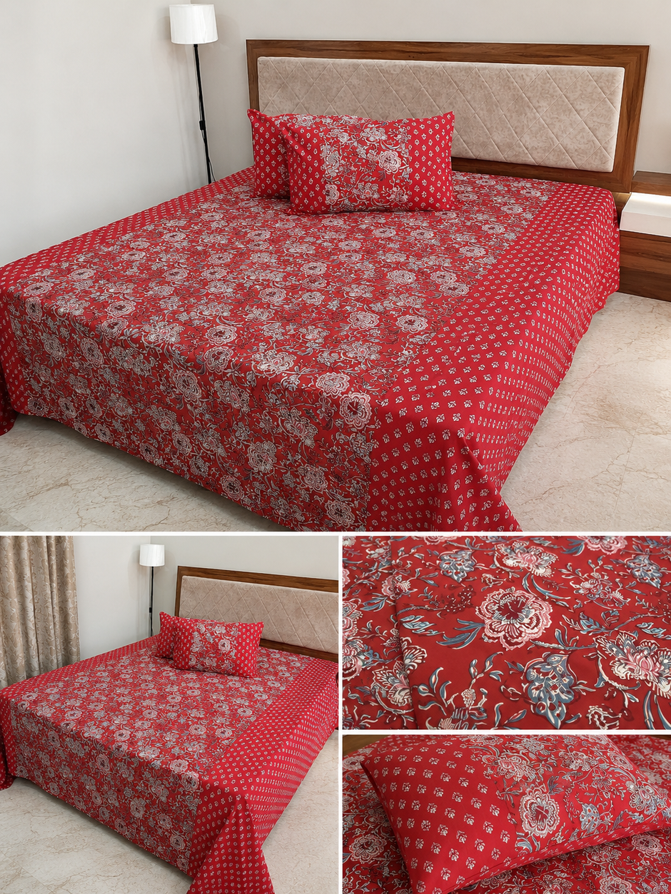 Ruby Blossom Ajrakh – Super King Size Bedsheet (274 x 274 cm) | 100% Cotton | Includes 2 Pillow Covers