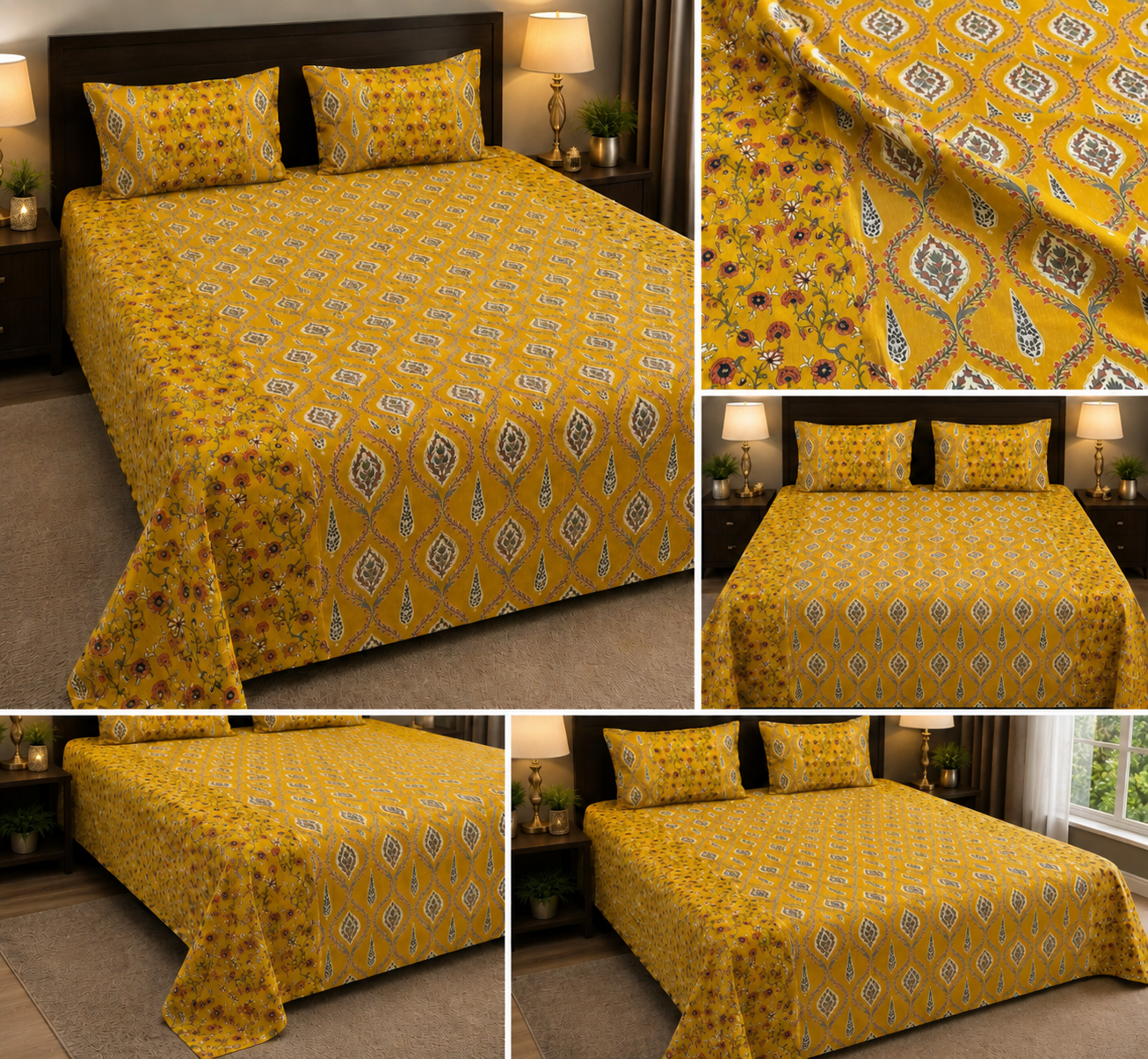 Golden Mustard Elegance – Super King Size Bedsheet (274 x 274 cm) | 100% Jaipuri Cotton | Includes 2 Pillow Covers
