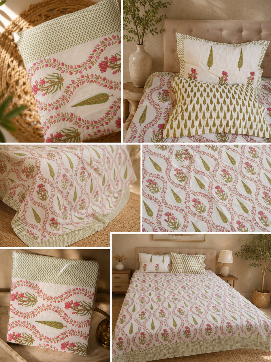 Gulnaar Bloom – Super King Size Bedsheet (274 x 274 cm) | 100% Jaipuri Cotton | Includes 2 Pillow Covers