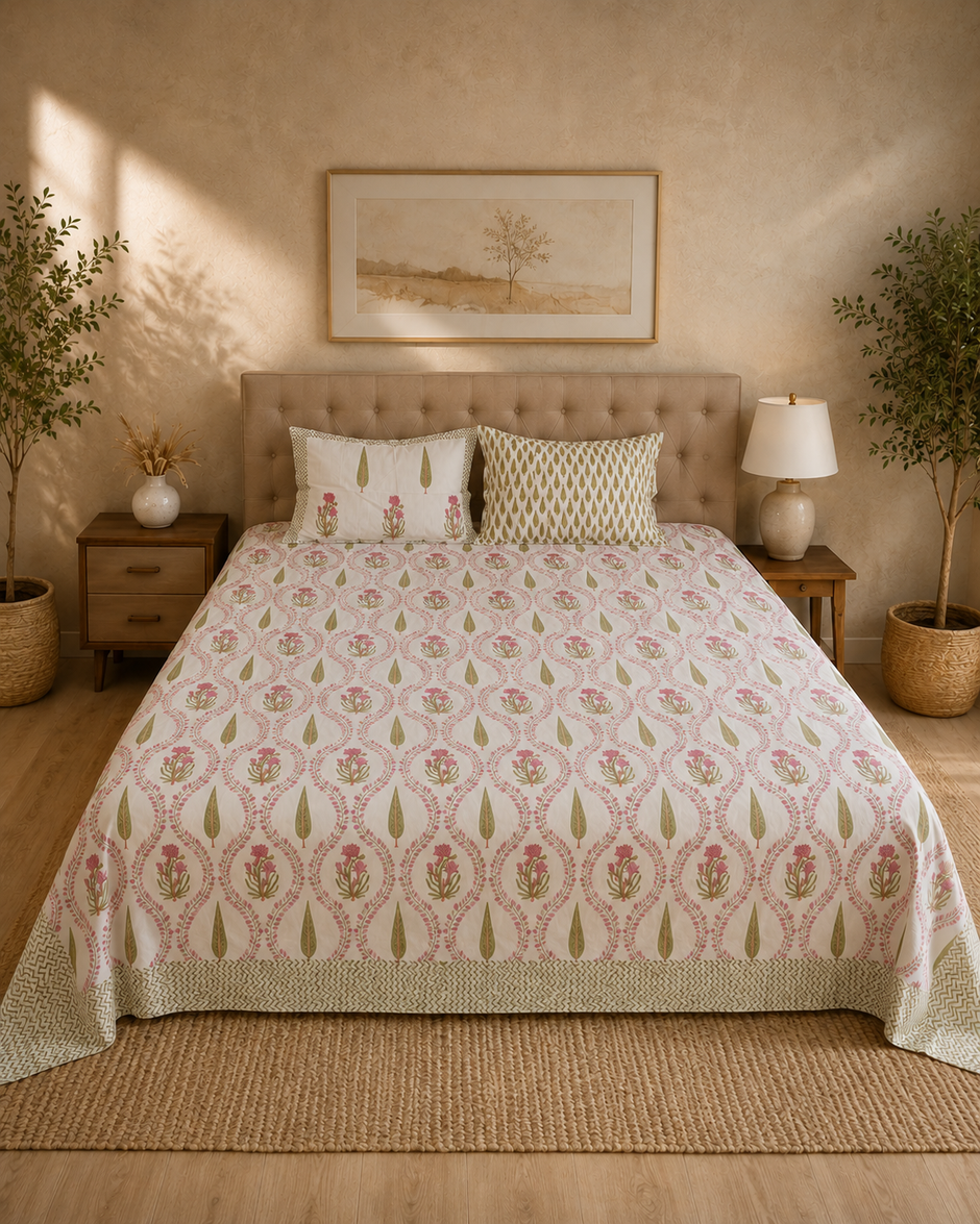 Gulnaar Bloom – Super King Size Bedsheet (274 x 274 cm) | 100% Jaipuri Cotton | Includes 2 Pillow Covers