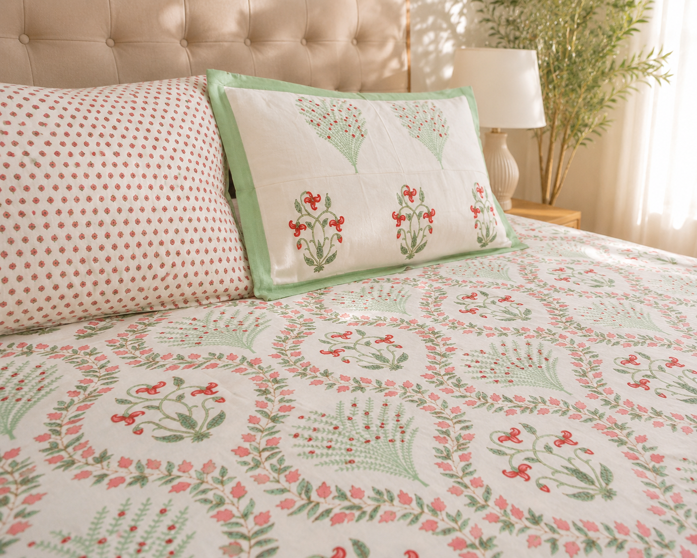 Meher Vine – Super King Size Bedsheet (274 x 274 cm) | 100% Jaipuri Cotton | Includes 2 Pillow Covers