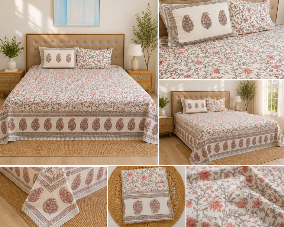 Zareen Paisley – Super King Size Bedsheet (274 x 274 cm) | 100% Jaipuri Cotton | Includes 2 Pillow Covers