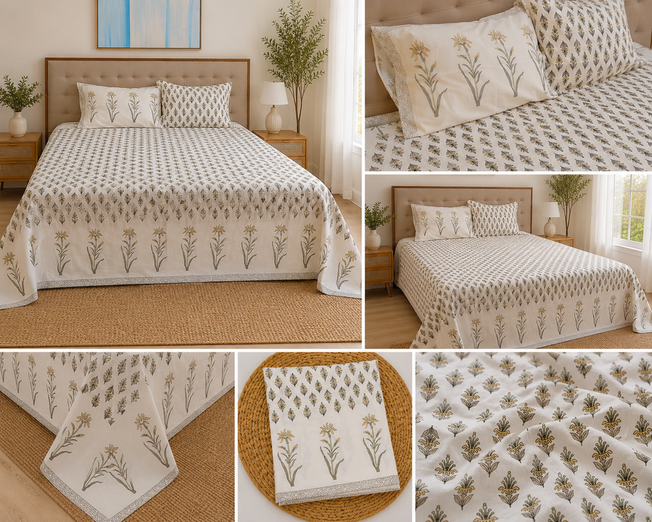Noor Meadow – Super King Size Bedsheet (274 x 274 cm) | 100% Jaipuri Cotton | Includes 2 Pillow Covers