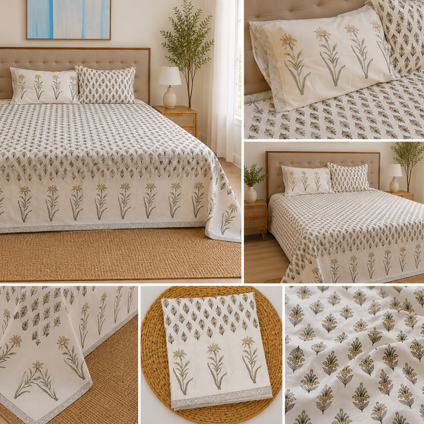 Noor Meadow – Super King Size Bedsheet (274 x 274 cm) | 100% Jaipuri Cotton | Includes 2 Pillow Covers