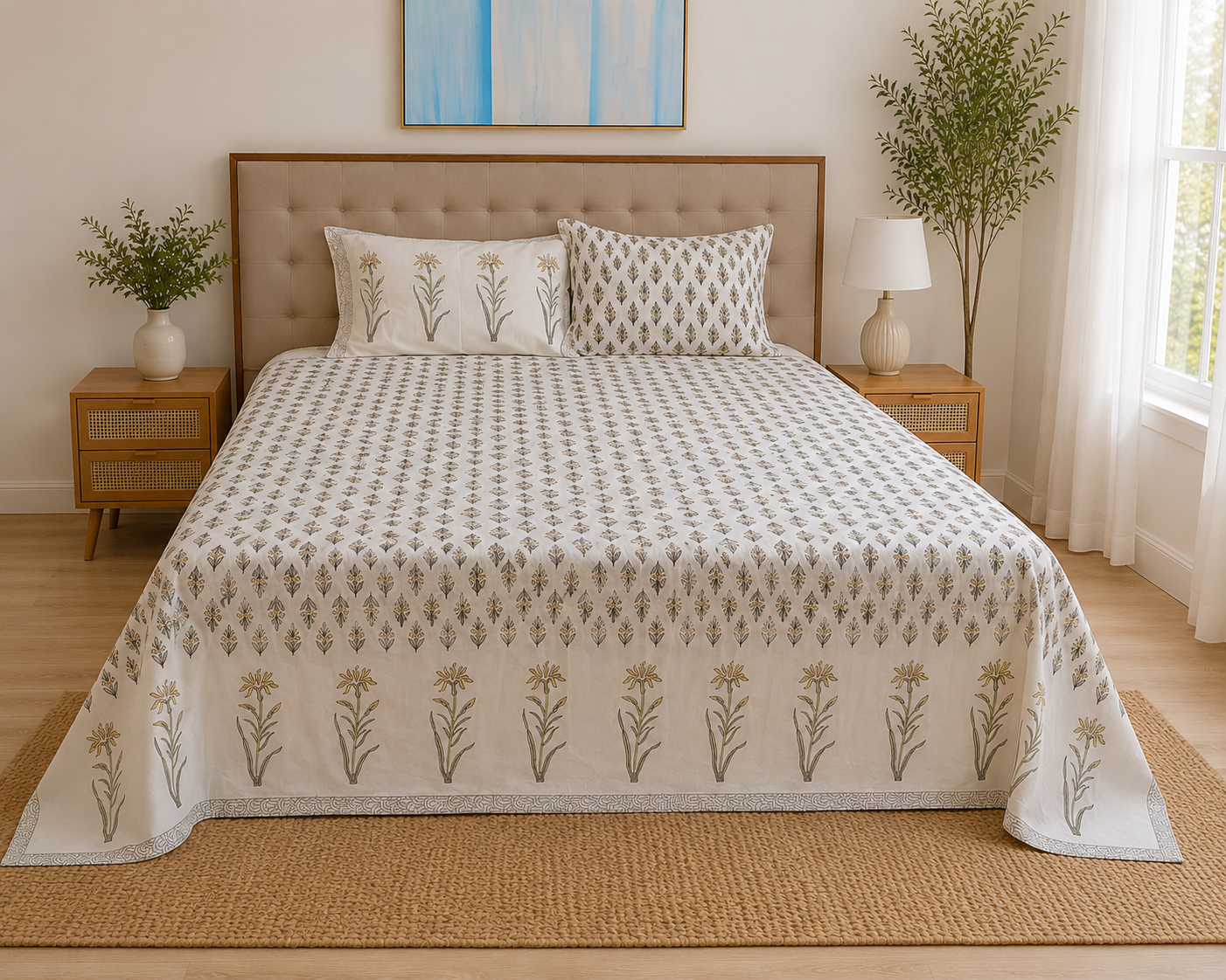 Noor Meadow – Super King Size Bedsheet (274 x 274 cm) | 100% Jaipuri Cotton | Includes 2 Pillow Covers