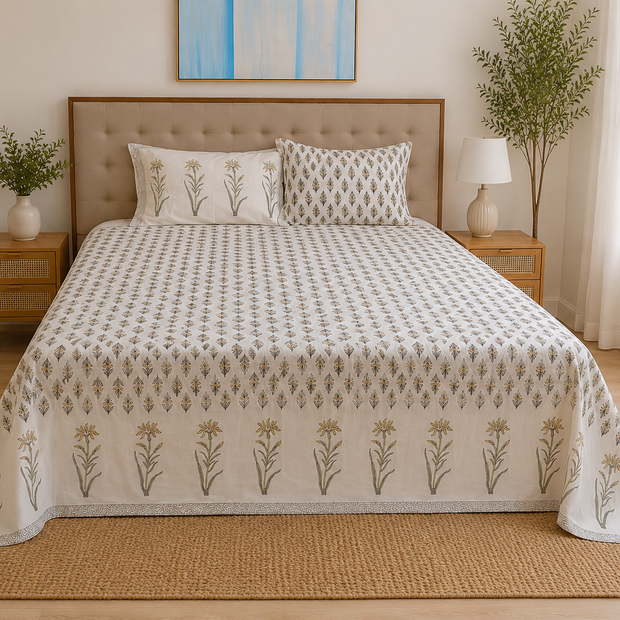 Noor Meadow – Super King Size Bedsheet (274 x 274 cm) | 100% Jaipuri Cotton | Includes 2 Pillow Covers