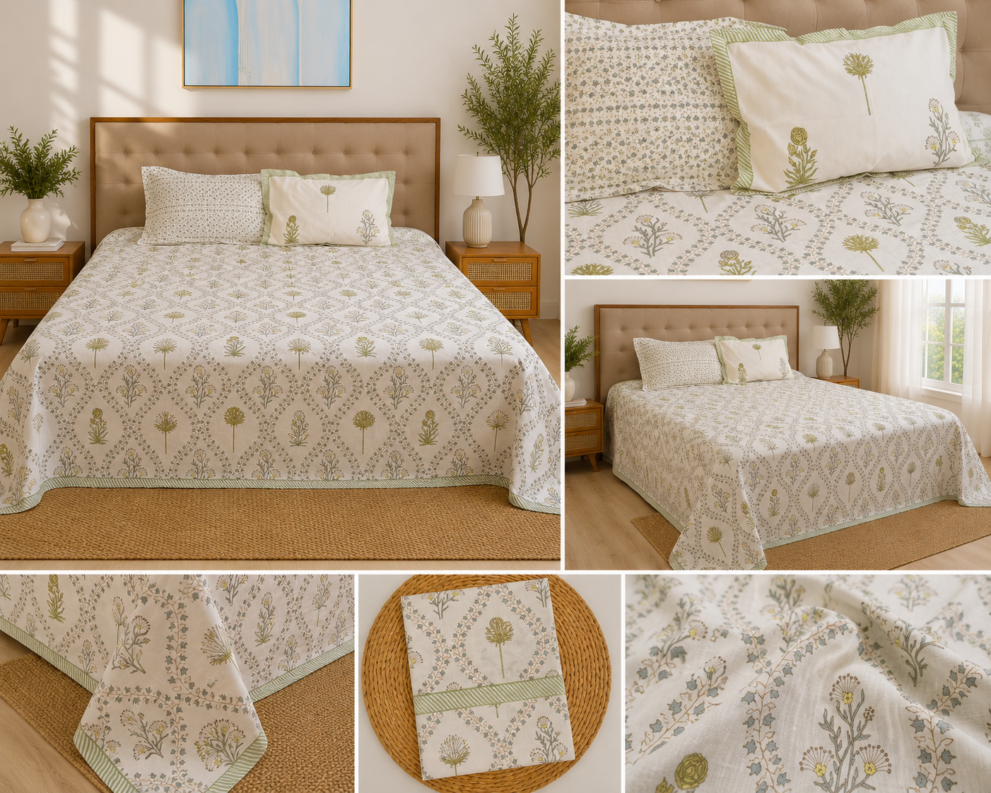 Gul Meadow – Super King Size Bedsheet (274 x 274 cm) | 100% Jaipuri Cotton | Includes 2 Pillow Covers