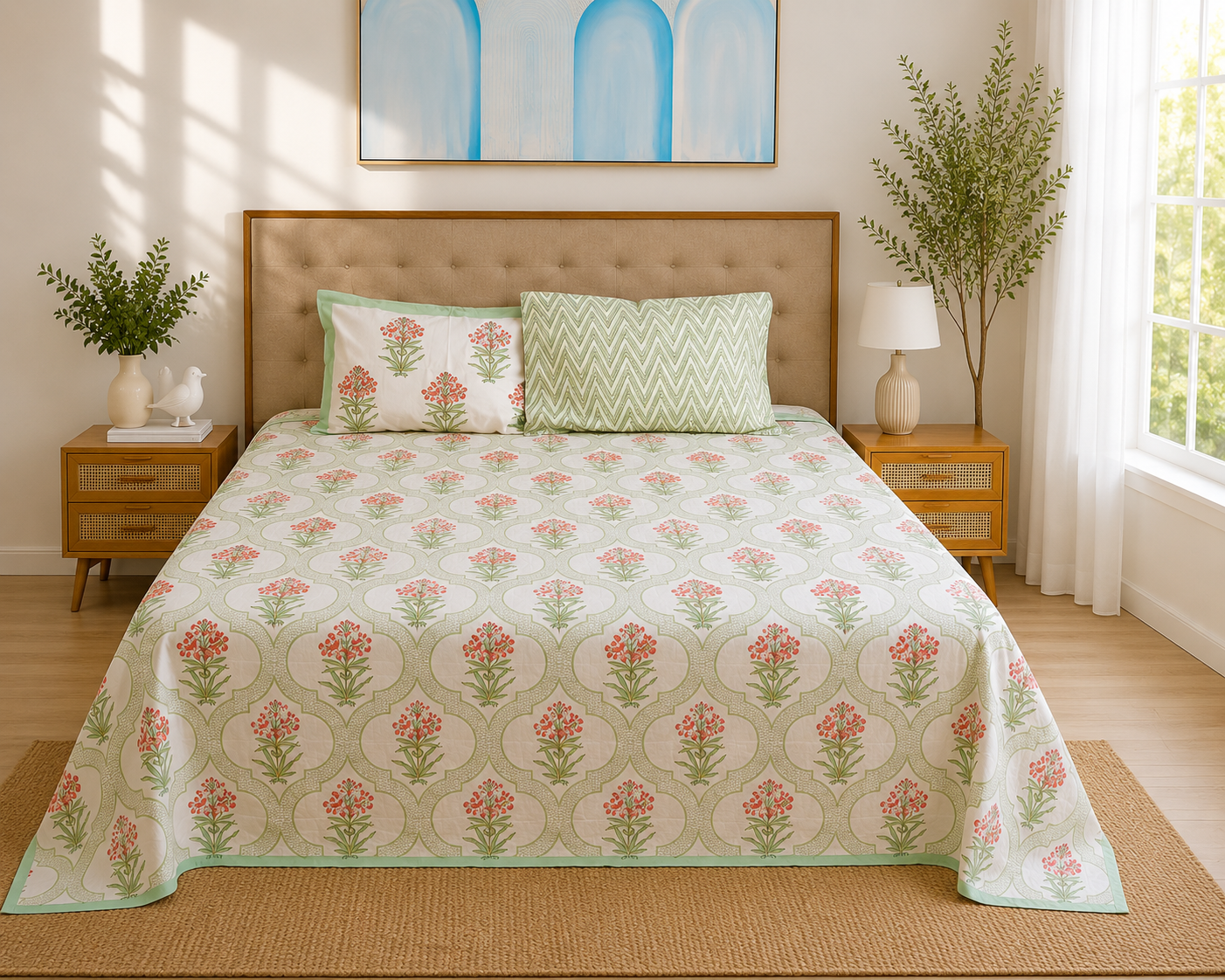 Gulnaar Blossom – Super King Size Bedsheet (274 x 274 cm) | 100% Pure Cotton | Includes 2 Pillow Covers