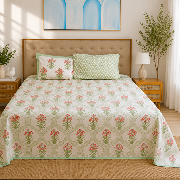 Gulnaar Blossom – Super King Size Bedsheet (274 x 274 cm) | 100% Pure Cotton | Includes 2 Pillow Covers