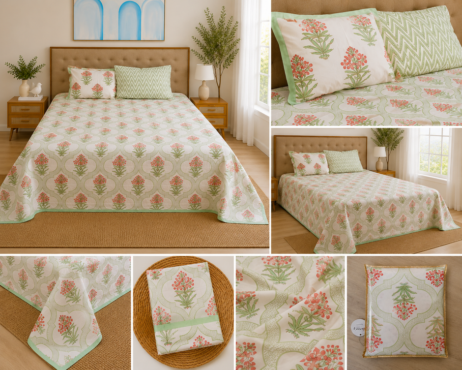 Gulnaar Blossom – Super King Size Bedsheet (274 x 274 cm) | 100% Pure Cotton | Includes 2 Pillow Covers