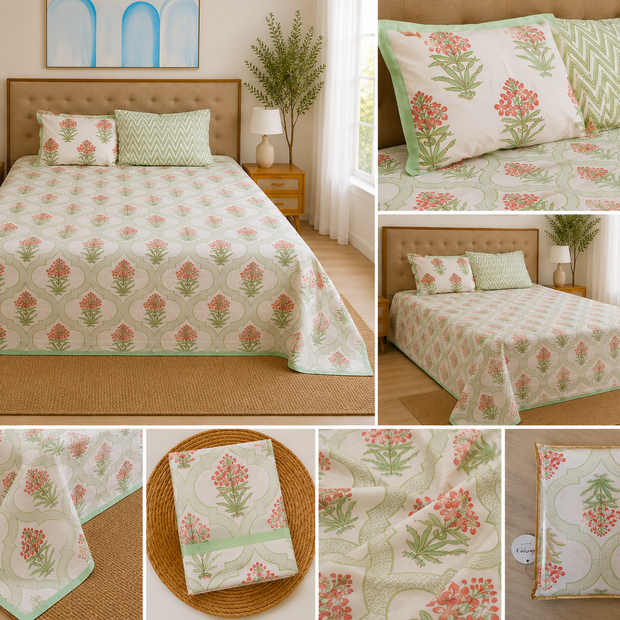 Gulnaar Blossom – Super King Size Bedsheet (274 x 274 cm) | 100% Pure Cotton | Includes 2 Pillow Covers