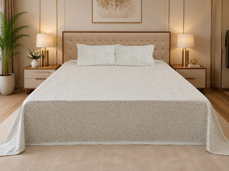 Ivory Fern – Super King Size Bedsheet (274 x 274 cm) | 100% Pure Cotton | Includes 2 Pillow Covers