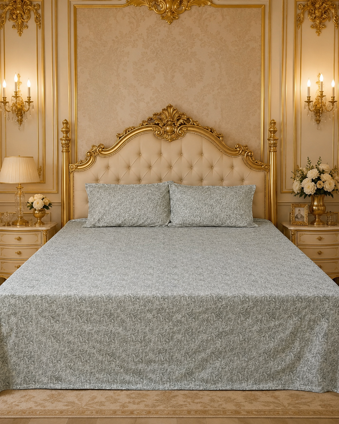 Silver Paisley Elegance – Super King Size Bedsheet (274 x 274 cm) | 100% Pure Cotton | Includes 2 Pillow Covers