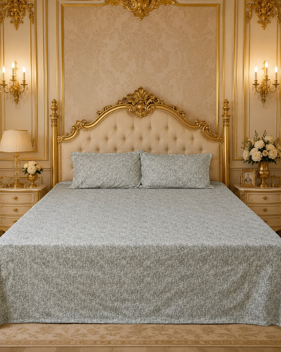 Silver Paisley Elegance – Super King Size Bedsheet (274 x 274 cm) | 100% Pure Cotton | Includes 2 Pillow Covers