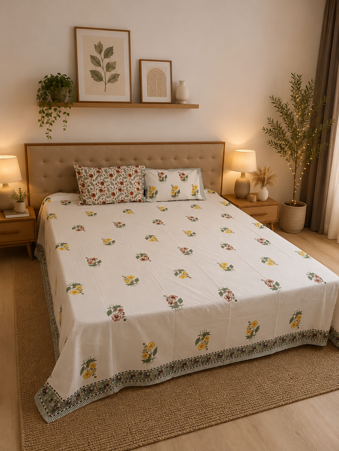 Sunlit Meadow Bloom – Hand Block Print | Super King Size Bedsheet (274 x 274 cm) | 100% Percale Cotton | Includes 2 Pillow Covers