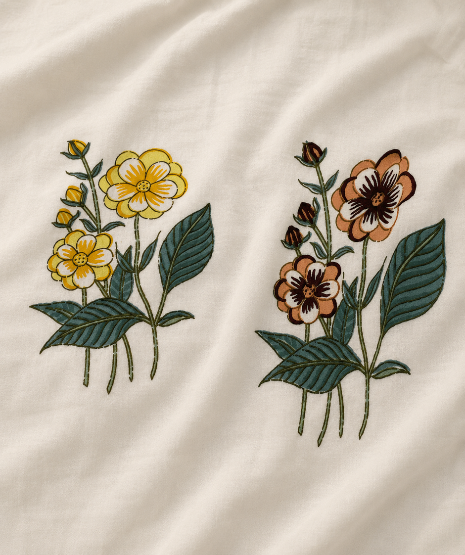 Sunlit Meadow Bloom – Hand Block Print | Super King Size Bedsheet (274 x 274 cm) | 100% Percale Cotton | Includes 2 Pillow Covers