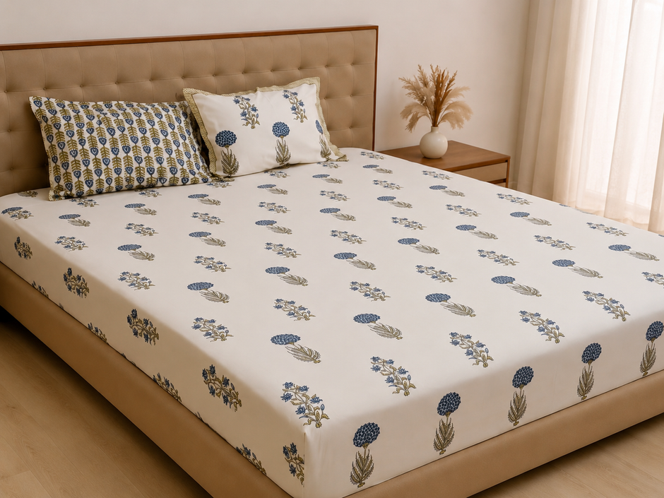 Blue Meadow Block Print – Fitted Sheet (210 x 200 + 30 cm) | 100% Percale Cotton | All Around Elastic