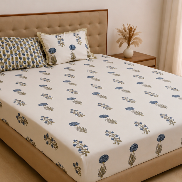 Blue Meadow Block Print – Fitted Sheet (210 x 200 + 30 cm) | 100% Percale Cotton | All Around Elastic