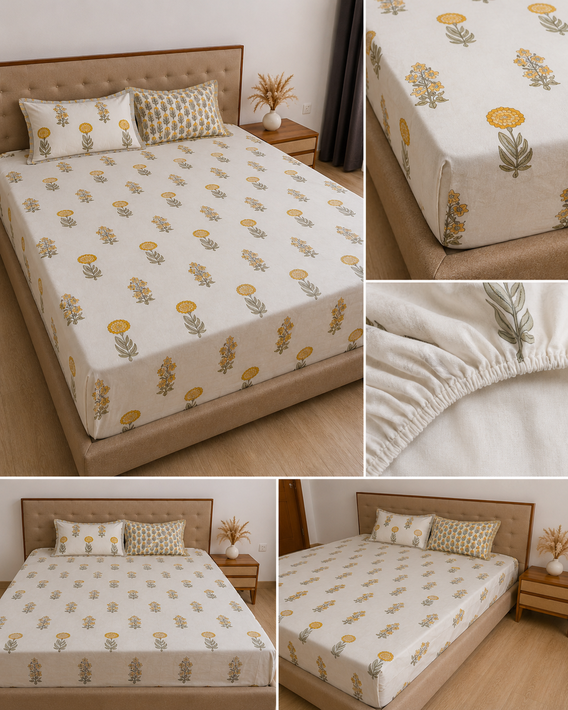 Golden Meadow Floral – Hand  Block Print Fitted Sheet (210 x 200 + 30 cm) | 100% Percale Cotton | All Around Elastic