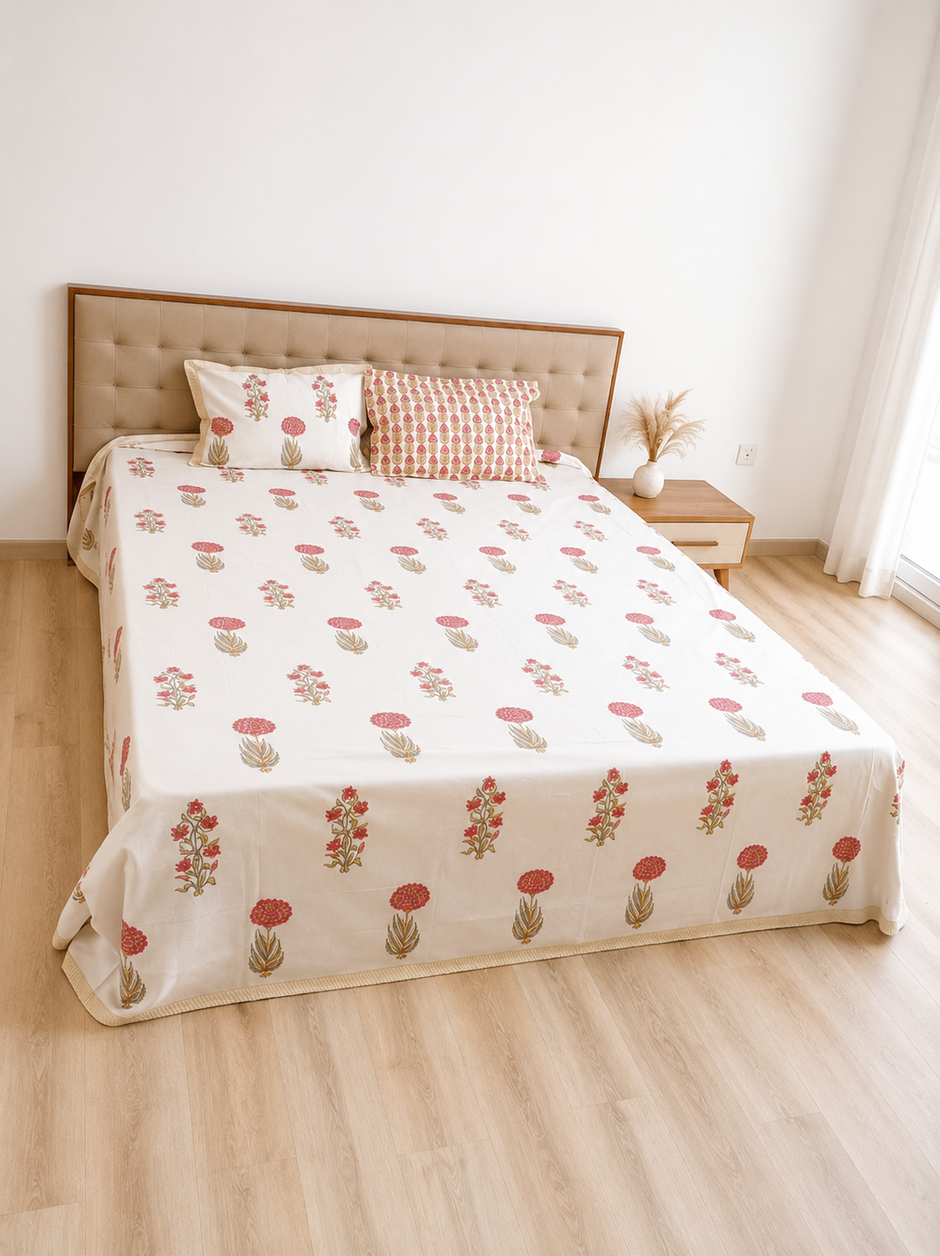 Pink Rosé Bloom - Hand Block Print – Super King Size Bedsheet (279 x 279 cm) | 100% Percale Cotton | Includes 2 Pillow Covers