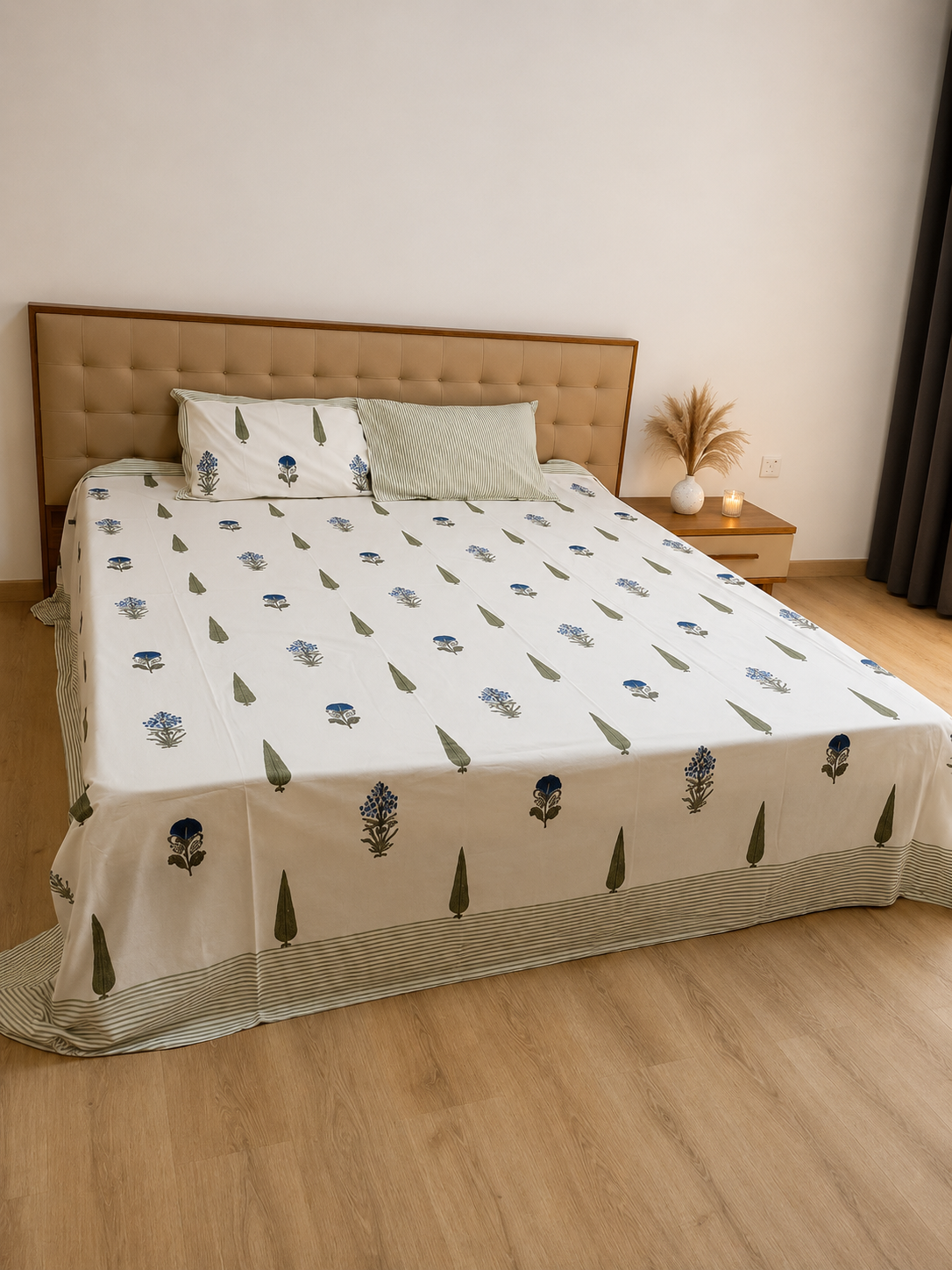 Blue Meadow Floral - Hand Block Print – Super King Size Bedsheet (279 x 279 cm) | 100% Percale Cotton | Includes 2 Pillow Covers